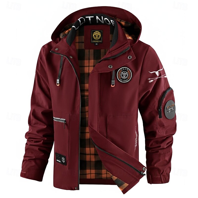 Men's Cow Print Windbreaker Hooded Jacket Parka Waterproof Windproof Multi-Pockets Casual Outdoor Camping & Hiking Detachable Hood Full Zip Coat Outerwear Fall Winter Stand Collar Long Sleeve Black2