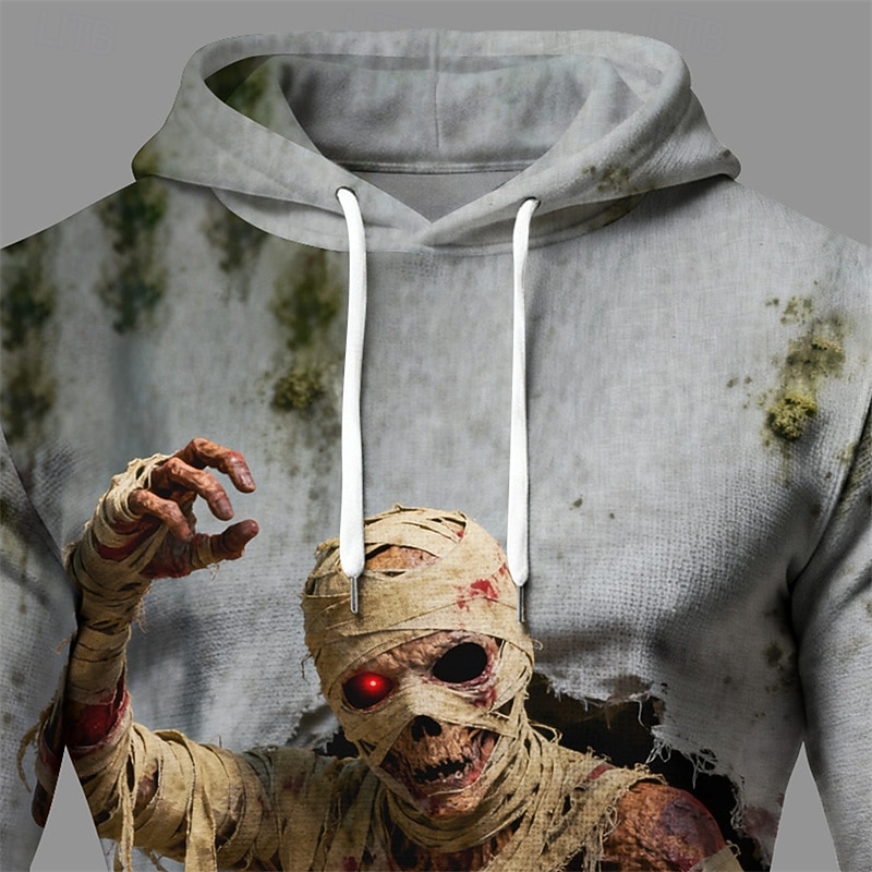 Halloween Men's Monster Hoodie Fashion Daily Hooded Vacation Party Streetwear Gray Drawstring Pocket Printing Fall Winter Designer2