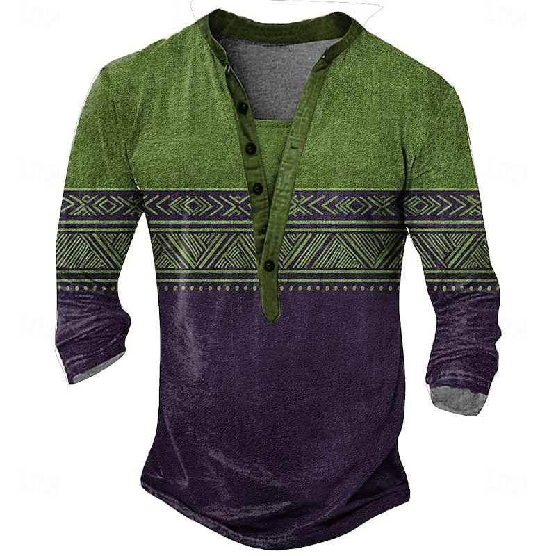 Men's Geometric Ethnic T Shirt Henley Shirt Long Sleeve Designer Retro Vintage Ethnic Street Casual Daily Summer Spring Fall Dark Brown Green Blue khaki Henley Henley T-Shirt4