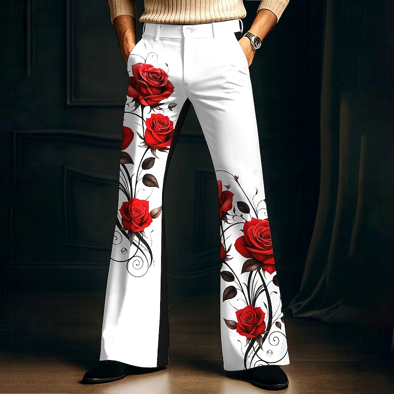 Men's Floral Print Rose Flowers Disco Pants 60s 70s Bell Bottoms Mid Waist Vintage Retro Outdoor Vacation Party Side Pockets Flared Leg Pants Trousers Spring Fall 3D Print Black White