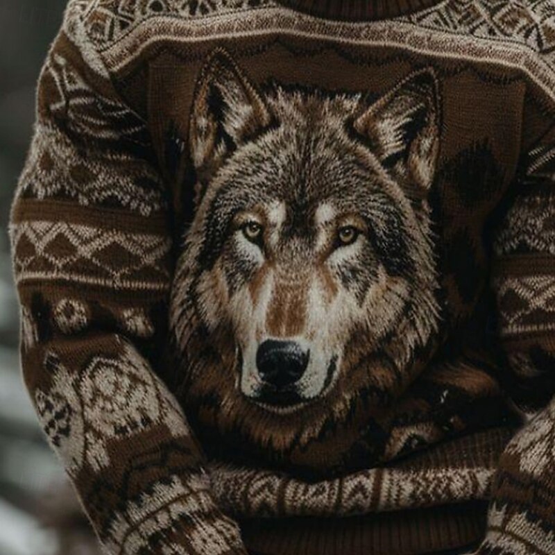 Men's Animal Wolf Pullover Sweater Jumper Fair Isle Sweater Knitwear Crewneck Casual Vacation Daily 3D Print Keep Warm Long Sleeve Spring Fall Winter Brown2