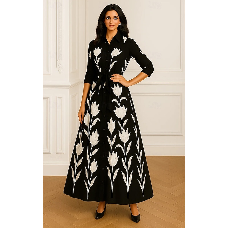 A-Line Mother of the Bride Dress Formal Shirt Dress Elegant Shirt Collar Floor Length Satin 3/4 Length Sleeve with Bow(s) and Print