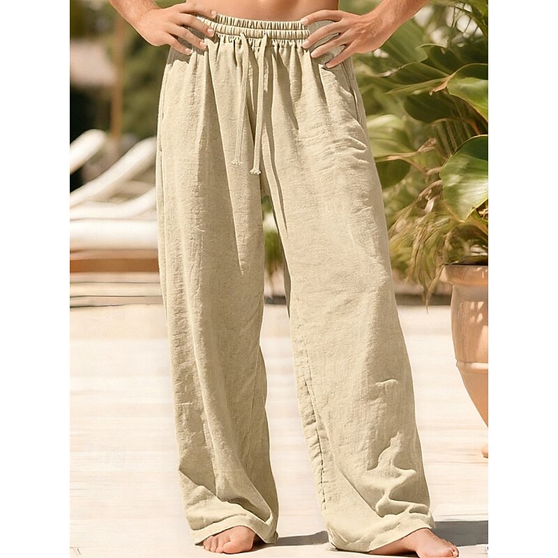 Men's Linen Pants Trousers Summer Pants Beach Pants Drawstring Pocket Elastic Waist Plain Comfort Breathable Vacation Daily Holiday Hawaiian Boho ArmyGreen Black3