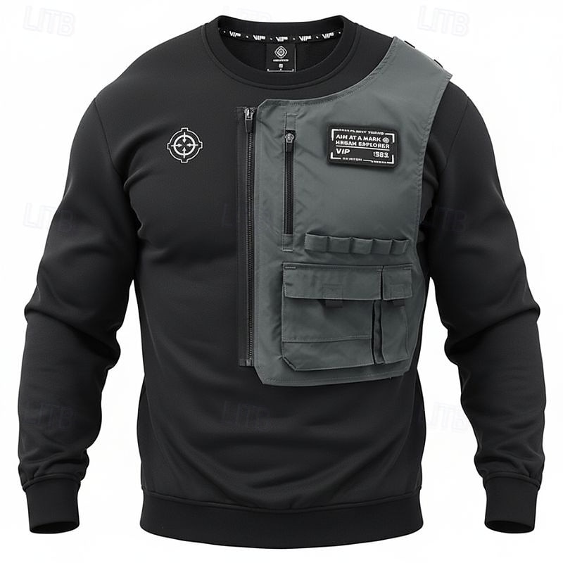 Men's Sweatshirt Black Crew Neck Color Block Patchwork Zipper Sports & Outdoor Daily Holiday Polyester Streetwear Basic Casual Spring &  Fall Clothing Apparel Hoodies Sweatshirts  Long Sleeve