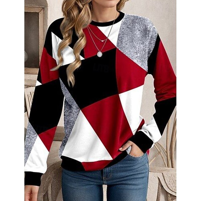 Women's Pullover Sweatshirt Graphic Geometric Color Block Fashion Casual Long Sleeve Crew Neck Regular Tops Street Dailywear Casual Print Black Red Khaki Gray Fall Winter4