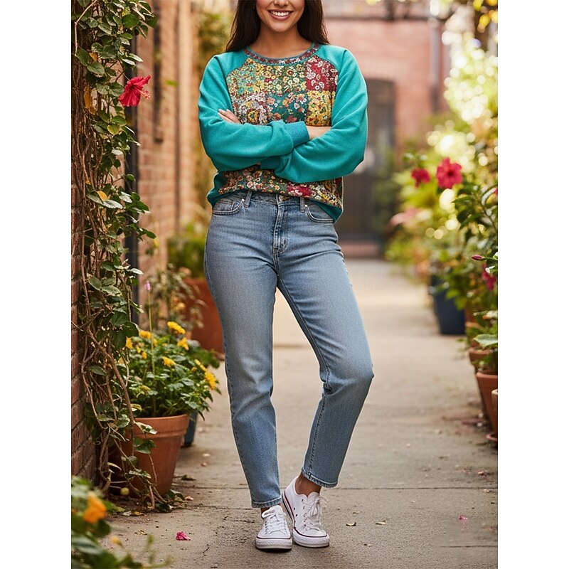 Women's Pullover Sweatshirts Floral Color Block Vintage Streetwear Classic Long Sleeve Crew Neck Regular Tops Dailywear Casual Print Blue Spring Fall2