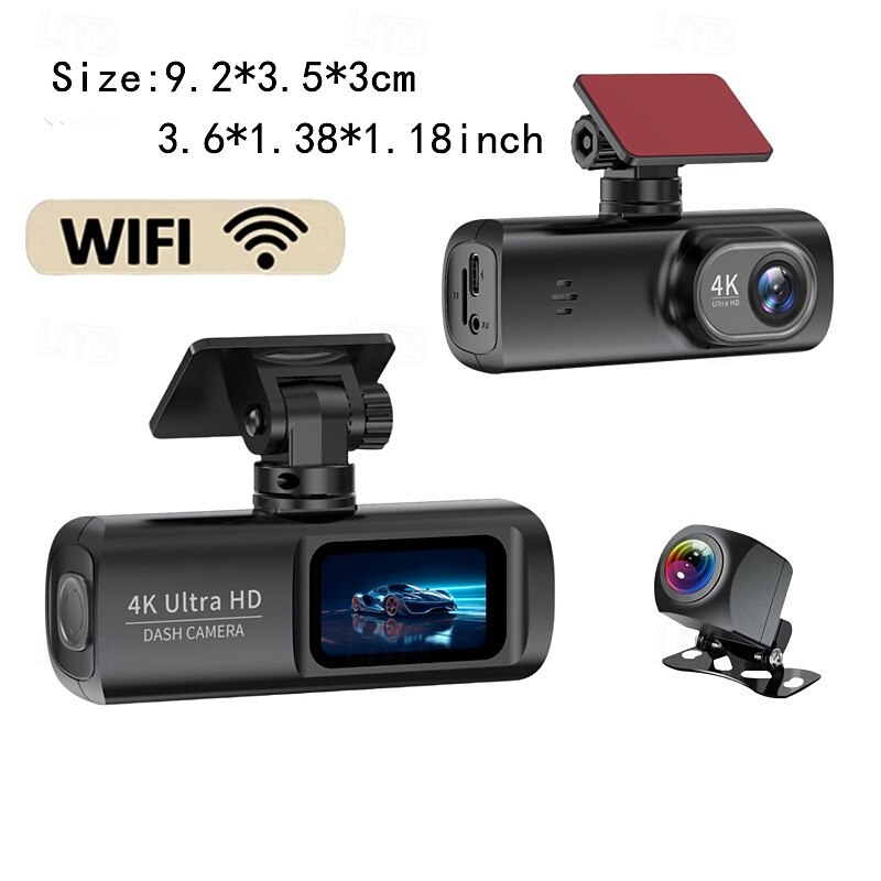 High-definition 4K front and 1080P rear dual-lens dash cam with WiFi mobile connectivity car DVR loop recording comes with a 32GB memory card.4