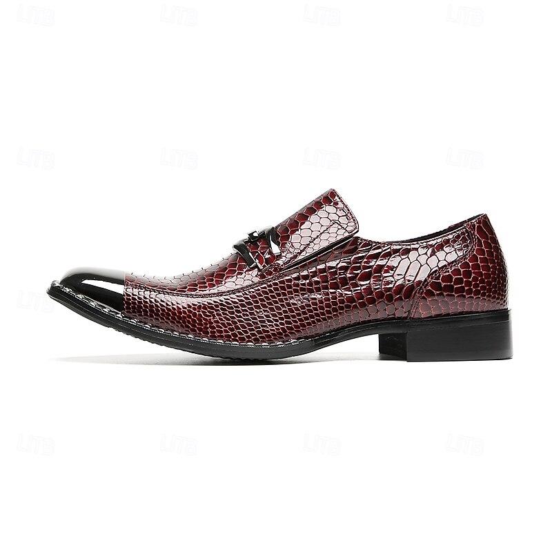 Men's Genuine Cowhide Leather Burgundy Snake Pattern Slip-On Loafers with Metal Buckle – Elegant Party and Evening Dress Shoes4