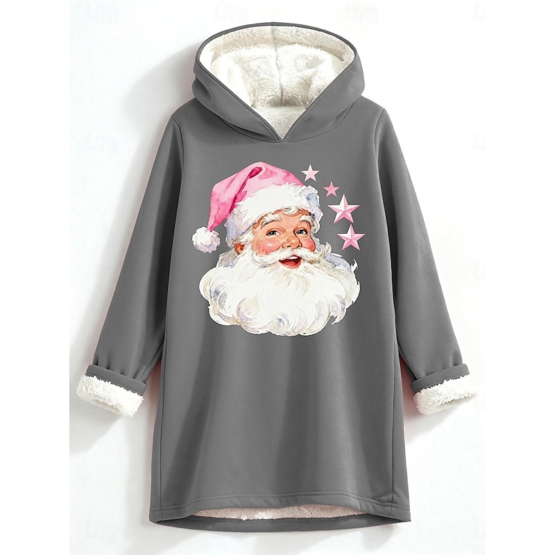 Women's Pullover Hoodie Sweatshirt Santa Claus Warm Casual Sherpa Fleece Long Sleeve Hooded Regular Tops Street Dailywear Casual Print Dark Pink Blue Gray Fall Winter4