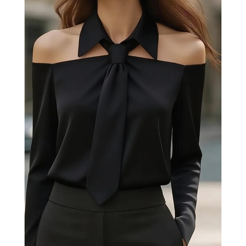 Women's Shirt Elegant Dressy Satin Plain Active Stylish Long Sleeve Shirt Collar Regular Tops Holiday Going out Backless Black White Khaki Spring Fall2