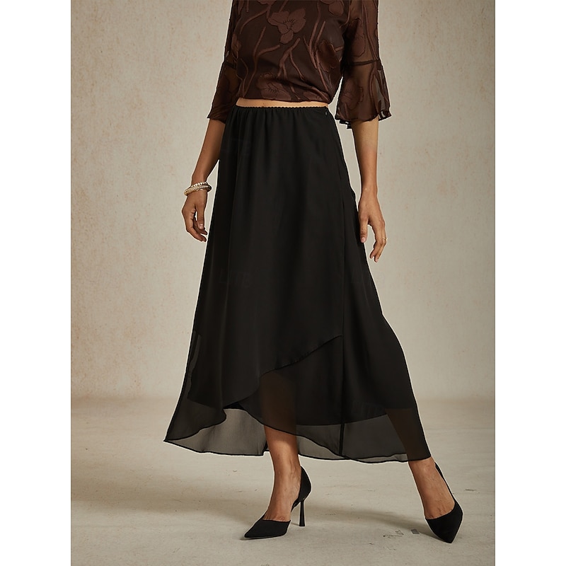 Women's Skirt Elegant Maxi High Waist Skirts Layered Micro-elastic Black Summer Chiffon