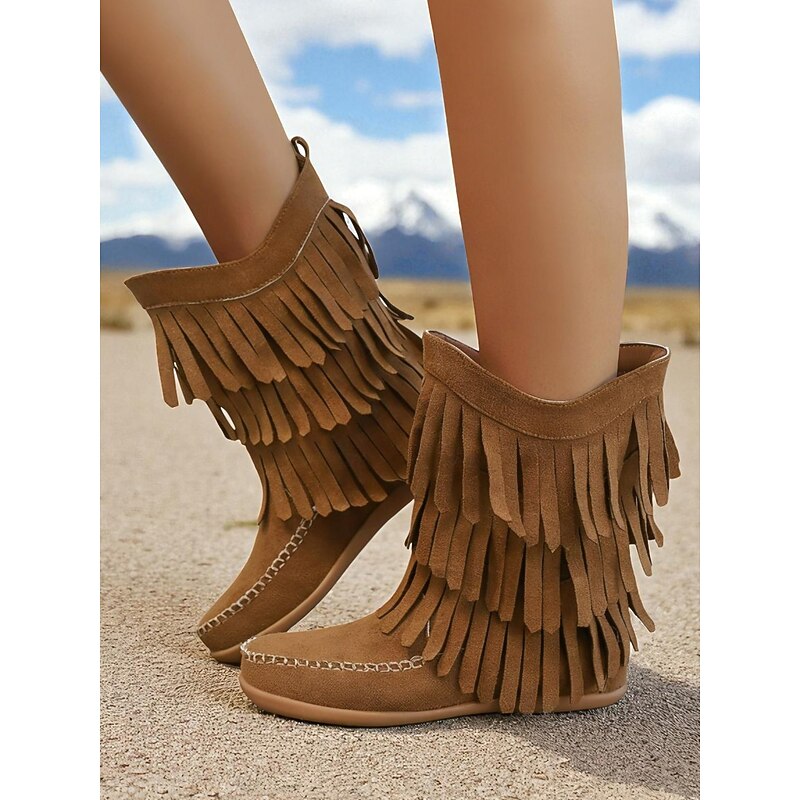 Women's Fringe Moccasin Mid-Calf Boots with Stitched Detail, Casual Western Style for Outdoor and Festival Wear2
