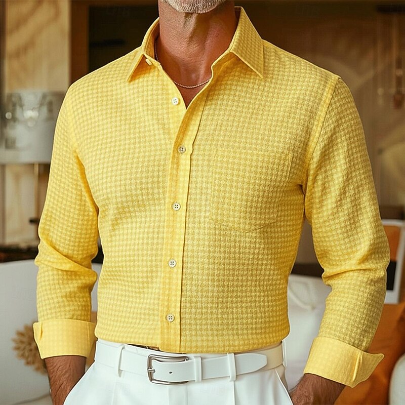 Men's Waffle Shirt Dress Shirt Plain Wedding Outdoor Light Blue White Yellow Navy Blue Long Sleeve Turndown All Seasons Clothing Apparel Plain