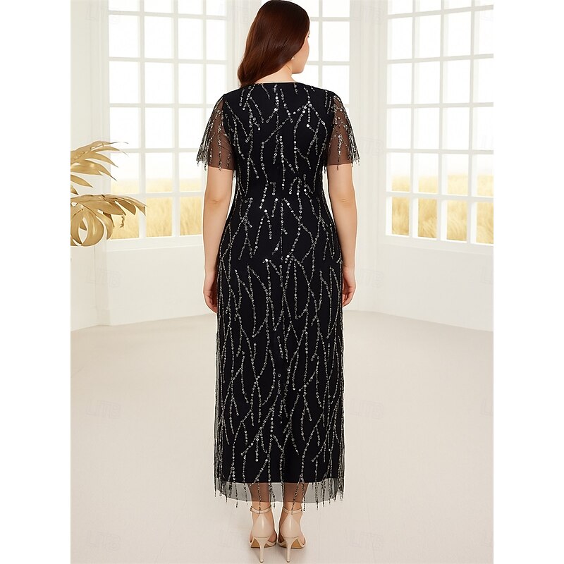 Sheath / Column Mother of the Bride Dress Black Dress Plus Size Sparkle & Shine V Neck Ankle Length Sequined Polyester Short Sleeve with Beading2