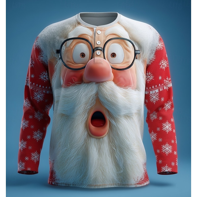Men's Christmas Santa Claus Henley Shirt Long Sleeve Fashion Cute Daily Casual Holiday Going out Winter Spring &  Fall Red Henley Henley T-Shirt - Main Image