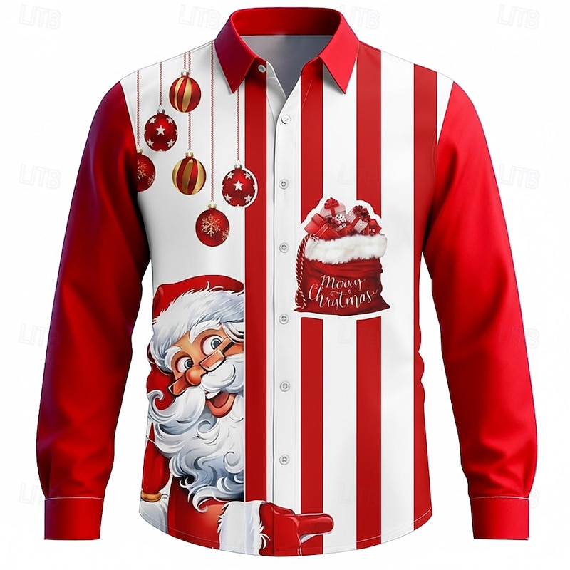 Christmas Men's Santa Claus Striped Christmas Gift Shirt Button Up Shirt Long Sleeve Funny Outdoor Holiday Spring Fall Turndown 3D Print Collared Shirts Red
