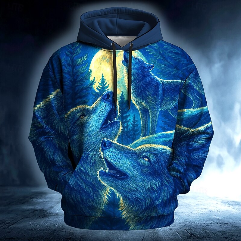 Men's Moon Wolf 3D Hoodie Sweatshirt Cool Party Crew Neck Club Streetwear Blue Green Drawstring Fall Winter Designer4