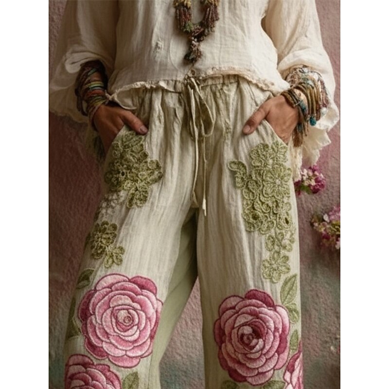 Women's Pants Trousers Straight Vacation Vintage Ethnic Style Full Length Mid Waist Floral Pocket Elastic Waist Print Comfy Breathability Micro-elastic Outdoor Vacation Street Green Summer Spring Fall2
