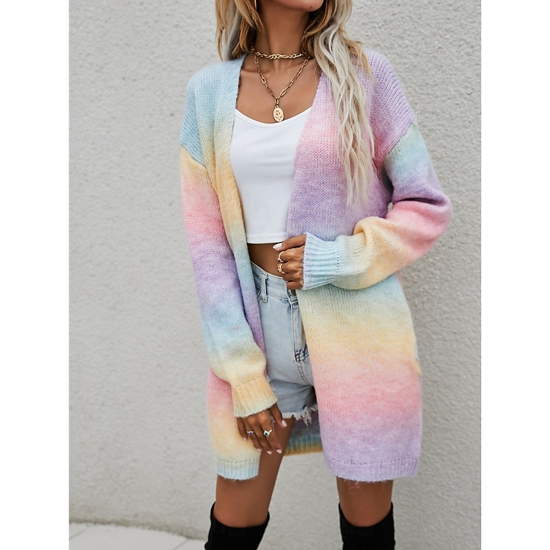 Women's Sweater Cardigan Elegant Fashion Streetwear Color Gradient Open Front Pocket Knitted Print Long Sleeve Regular Tops Knit Outdoor Daily Weekend Yellow Pink Spring Fall