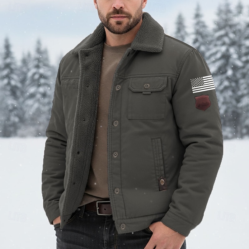 Men's American US Flag Bomber Jacket Sherpa Jacket Thermal Warm Vintage Casual Outdoor Home Multiple Pockets Cotton Jackets Winter Coats Fall Winter Fleece Turn-Down Collar Long Sleeve Black khaki
