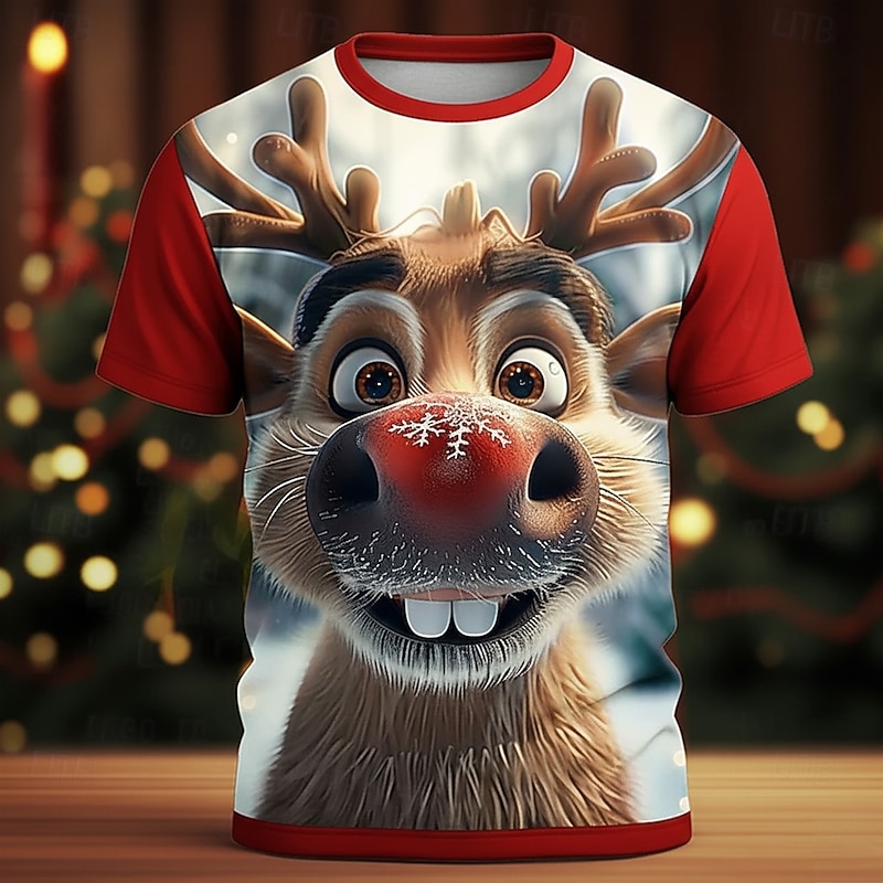Christmas Men's Elk T Shirt Short Sleeve T shirt 3D Print Crew Neck Shirt Daily Designer Artistic Vacation Party Street White Red Red 2 All Seasons Clothing Apparel S M L XL XXL XXXL3