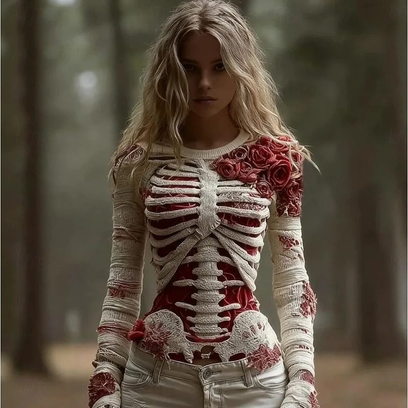 Women's Sweater Cute Streetwear Casual Graphic Skeleton Crew Neck Patchwork Knitted Long Sleeve Regular Tops Knit Halloween Black Red Fall Winter