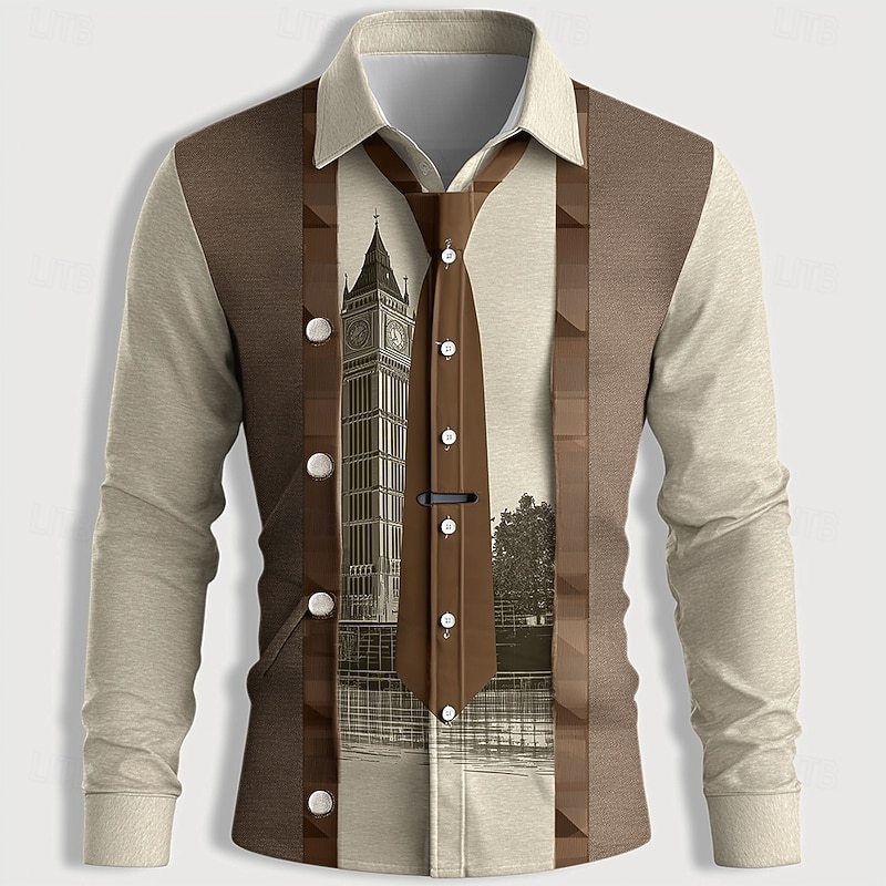 Men's Novelty Faux Collar and Suit Design Shirt Button Up Shirt Long Sleeve Vintage Retro Outdoor Casual Daily Spring Fall Turndown 3D Print Collared Shirts Light Khaki Khaki