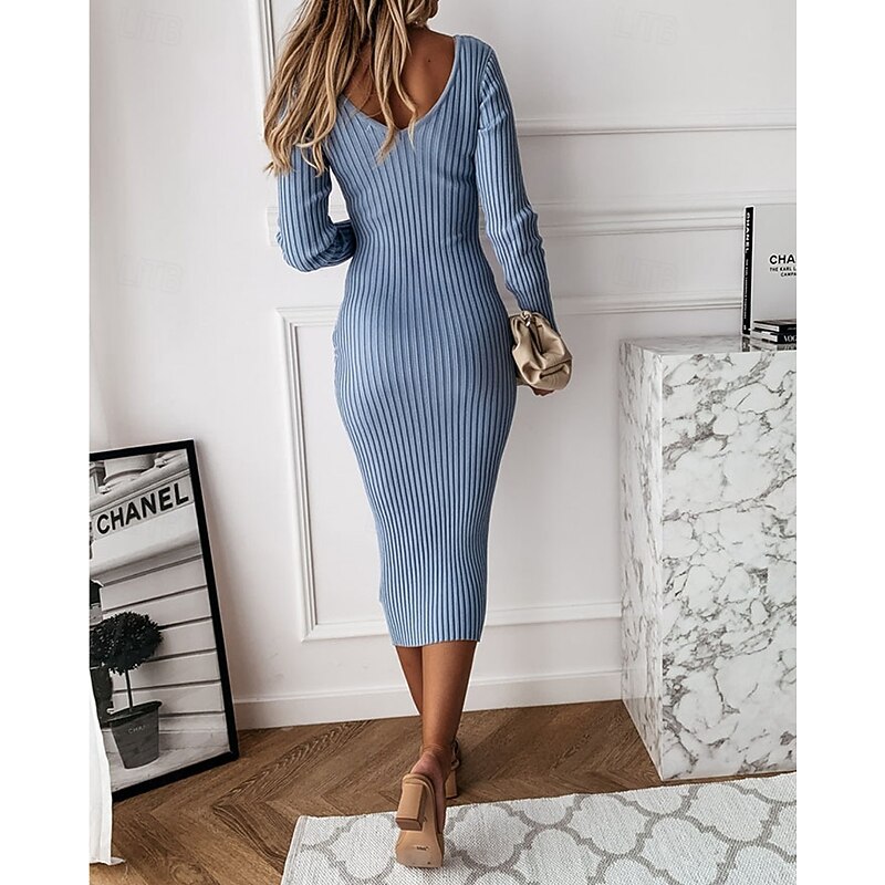 Women's Midi Dress Sweater Dress Casual Dress Elegant Fashion Modern Outdoor Daily Going out Regular Fit Plain Long Sleeve Crew Neck Black White Light Brown Blue Spring Fall Autumn3