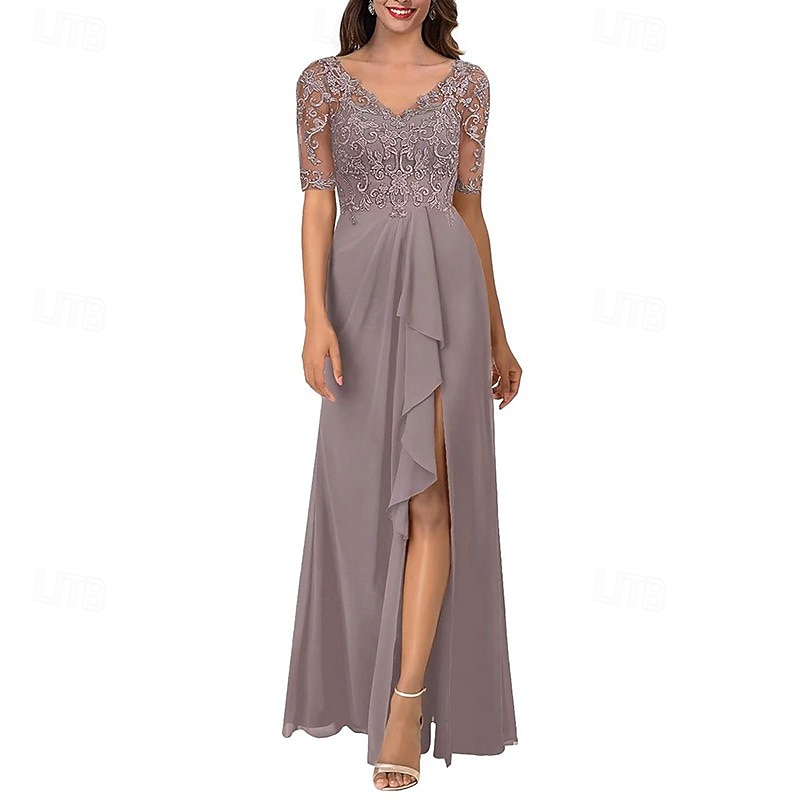 A-Line Mother of the Bride Dress Elegant Simple V Neck Asymmetrical Chiffon Short Sleeve with Pleats