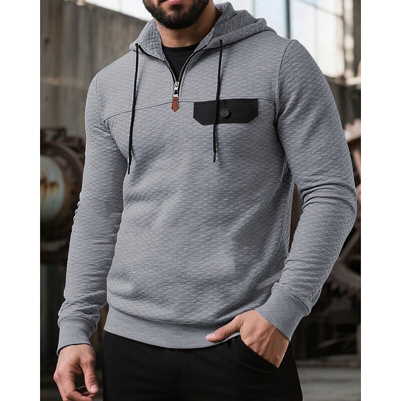 Men's Hoodie Quarter Zip Hoodie Black Wine Navy Blue Light Grey Dark Gray Hooded Plain Jacquard Zipper Sports & Outdoor Daily Holiday Polyester Streetwear Basic Casual Spring Fall Clothing Apparel