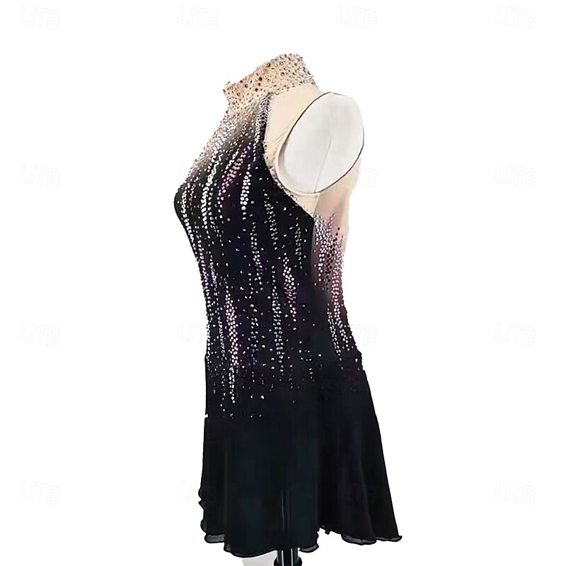 Figure Skating Dress Women's Girls' Ice Skating Dress Black Halo Dyeing Asymmetric Hem Spandex High Elasticity Training Professional Competition Skating Wear Classic Crystal / Rhinestone Sleeveless2