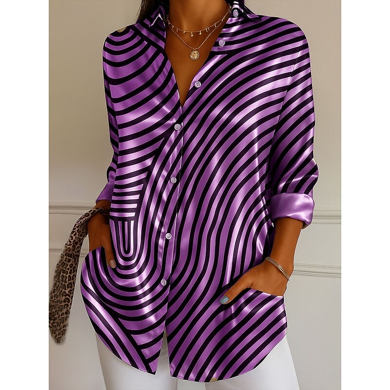 Women's Shirt Dressy Tops Formal Work Shirt Graphic Geometric Striped Elegant Stylish Modern Long Sleeve Collar Party Evening Wear Daily Blue Purple Green Khaki Gray Summer Fall Winter Spring, Fall4