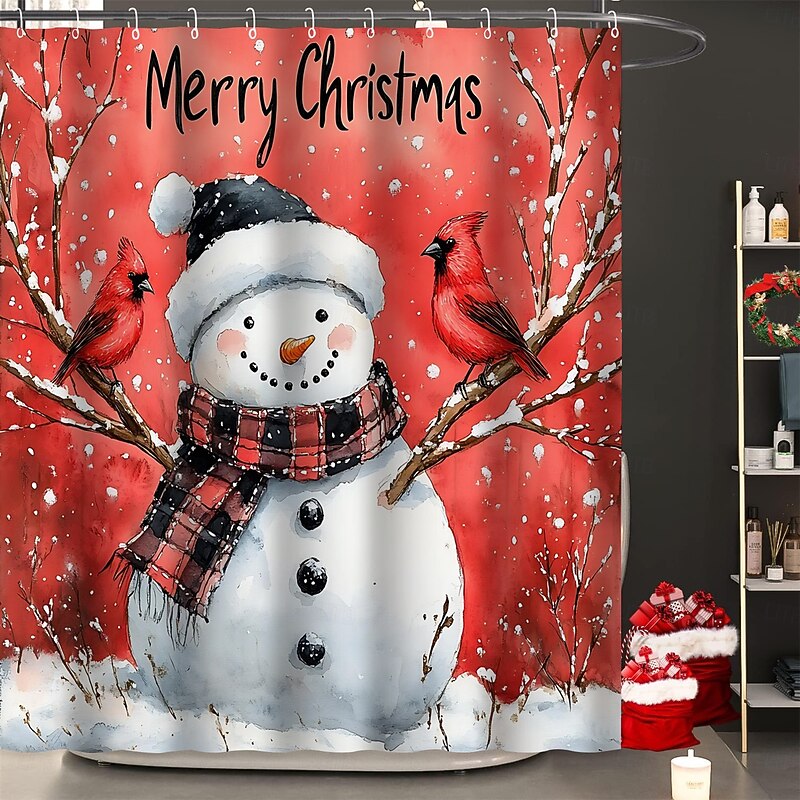 Chrismas Shower Curtains Snowman Christmas Tree Santa Hat Dead Wood Modern Waterproof Polyester Fabric Bathroom Home Decoration with Hooks Holiday Winter Festive Seasonal Ornament2