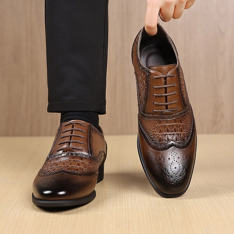 Men's Brown Crocodile Pattern Faux Leather Oxford Shoes – Classic Lace-Up Dress Shoes for Business, Weddings and Formal Parties3