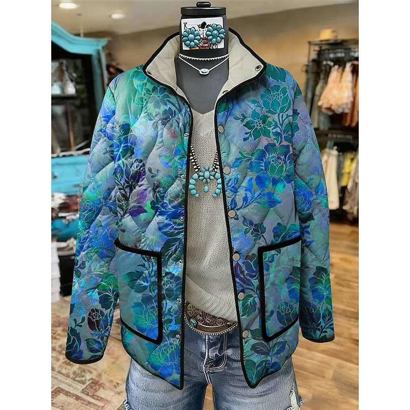 Women's Winter Jacket Quilted Jacket Warm Lightweight Print Active Vintage Artistic Boho Vintage Floral Casual Short Stand Collar Regular Fit Long Sleeve Outerwear Red Blue Purple Fall Winter2