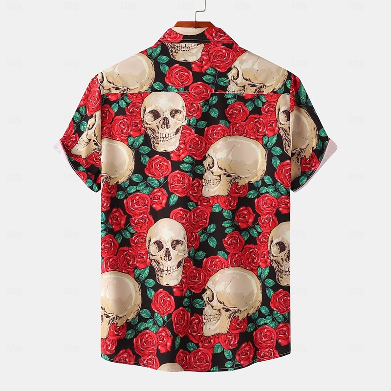 Halloween Men's Skulls Flowers Shirt Summer Shirt Casual Shirt Short Sleeves Vintage Horror Vacation Daily Wear Theme Party Spring & Summer Lapel Print White+Black Black White Red Blue2