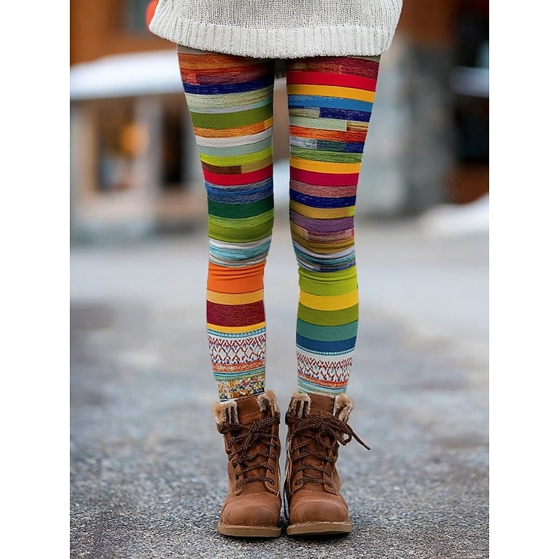 Women's Leggings Vacation Vintage Fashion Full Length High Waist Graphic Color Block Abstract Printing Thermal Warm Soft Breathable High Elasticity Formal Outdoor Vacation Orange Lime Green Spring