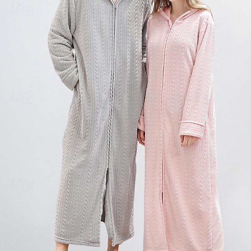Women's Pajamas Robe Casual Pure Color Zipper Vacation Home Daily Long Sleeve Hoodie Pink Brown Gray Fall Winter Tailored Fit