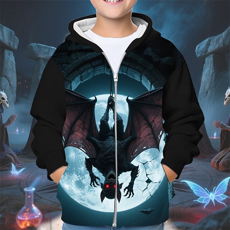 Halloween Boys' 3D Cartoon Bat Hoodie Coat Outerwear Long Sleeve Spring Fall Adorable Sport Kids 4-12 Years Zip Street Daily Regular Fit
