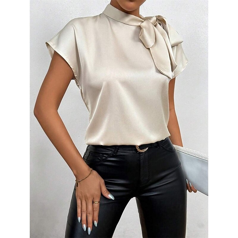 Women's Shirt Elegant Dressy Satin Solid Color Elegant Stylish Basic Short Sleeve High Neck Regular Tops Daily Going out Bow Black Wine Blue Apricot Summer Spring4