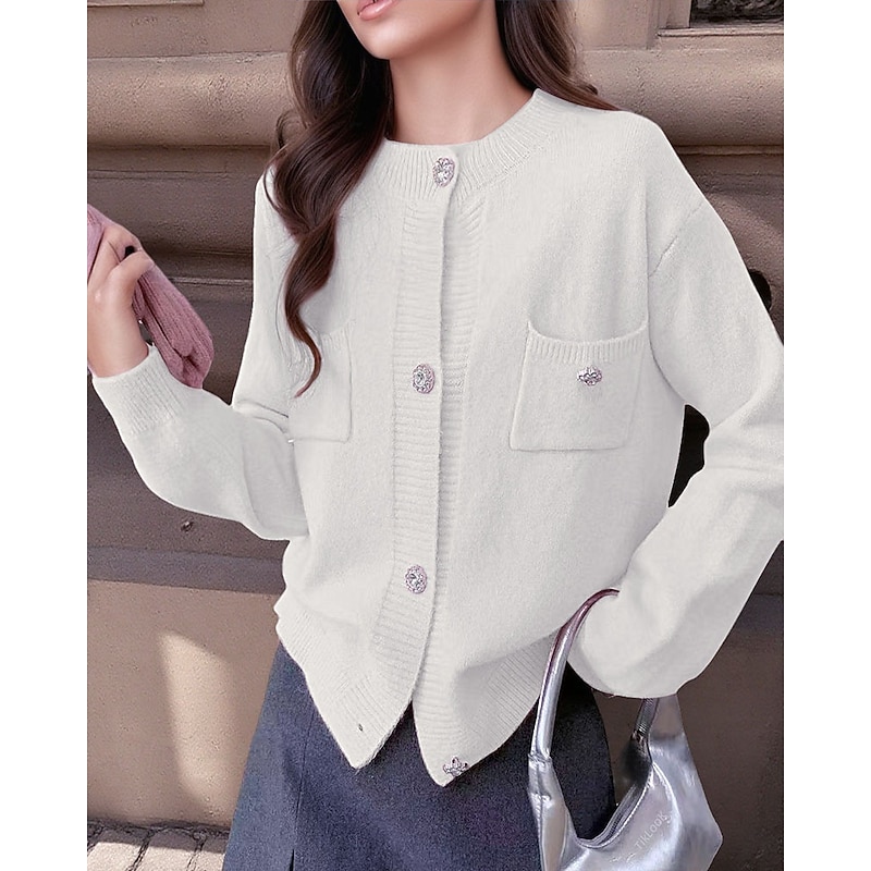 Women's Sweater Cardigan Streetwear Casual Solid Color Floral Crew Neck Pocket Buttons Knitted Long Sleeve Regular Tops Knit Daily Holiday Going out Black White Spring Fall4