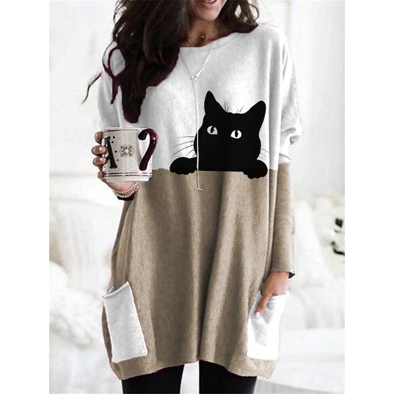 Women's T Shirt Graphic Animal Vintage Fashion Stylish Long Sleeve Crew Neck Long Tops Daily Going out Weekend Pocket Print Blue Dark Gray Beige Gray Spring Fall2