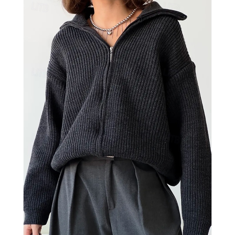 Women's Sweater Cardigan Streetwear Casual Solid Color Stand Collar Zipper Knitted Long Sleeve Regular Tops Knit Daily Holiday Going out Black Red Fall Winter2