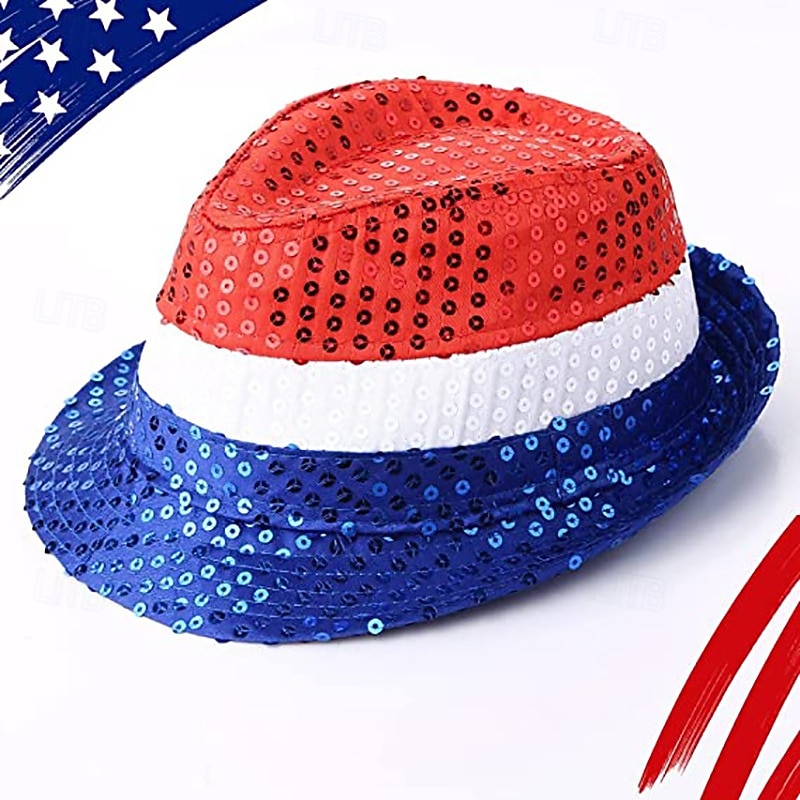 Men's Sun Hat Wild Brim Hat Red Polyester Sequin Fashion Casual Street Festival American US Flag Adjustable Sunscreen Breathable