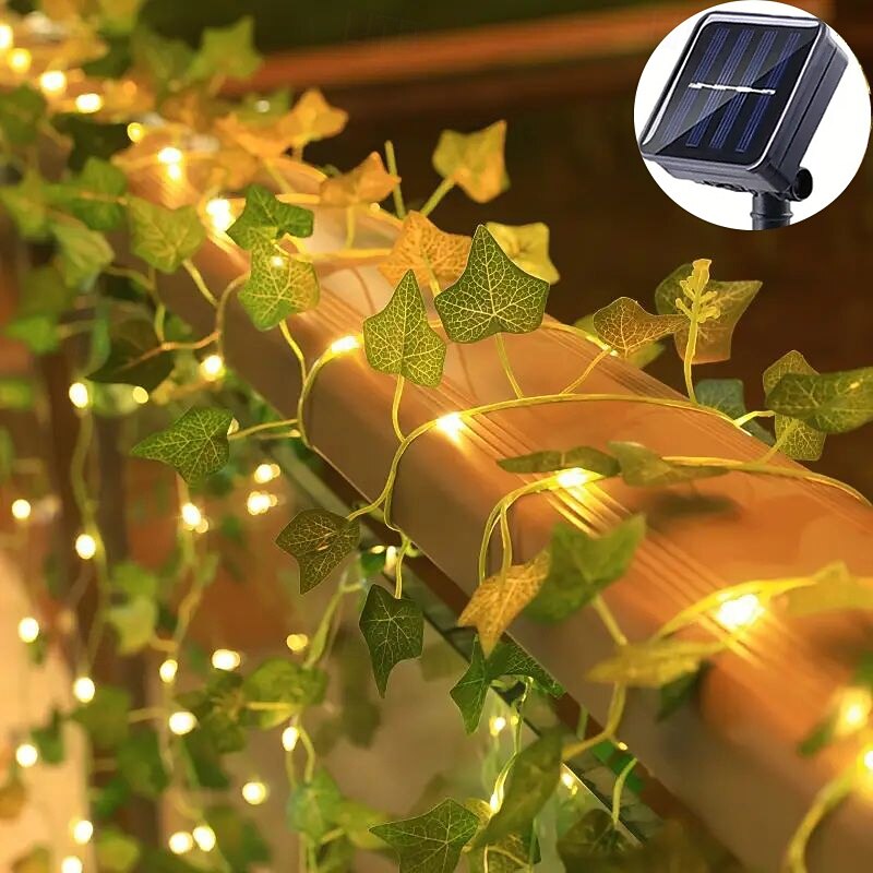 Solar LED Ivy String Lights 5m 50LEDs Outdoor Waterproof 8 Modes Lighting Artificial Garland Lights Green Leaf Fairy Lights for Home Office Bedroom Wedding Party Christmas Garden Balcony Decoration