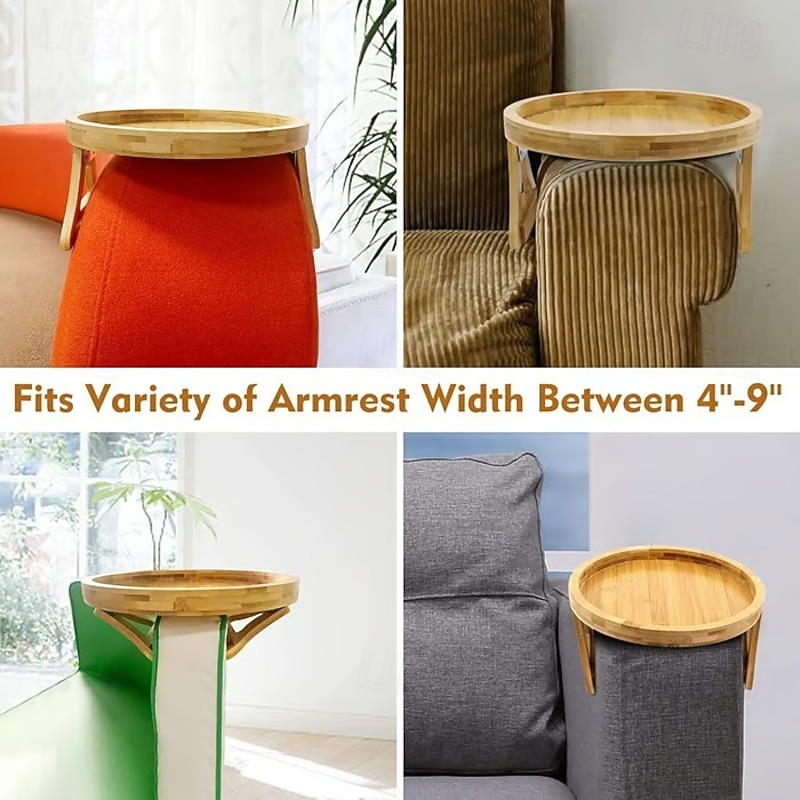 Sofa Armrest Tray Wooden Folding Round Table Cozy Couch Arm Clip Holder Flexible Non Slip Drink Snack Remote Control Organizer Portable Living Room Sofa Side Accessory3