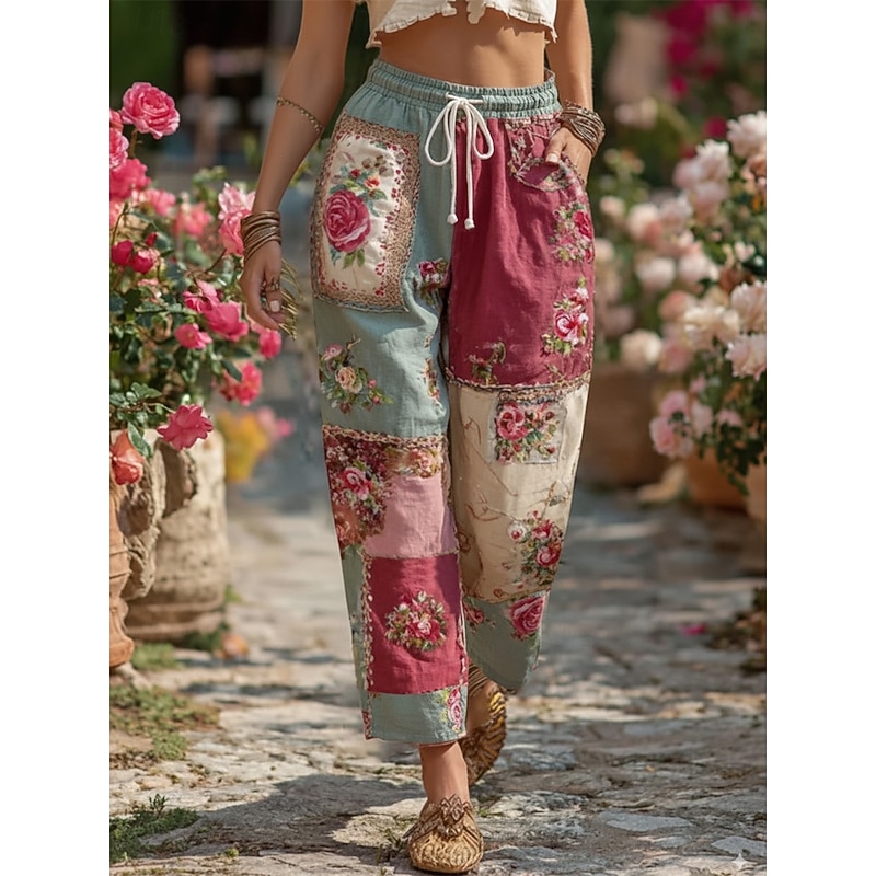 Women's Straight-Leg Pants Trousers Vacation Vintage Fashion Full Length Mid Waist Floral Drawstring Pocket Printing Comfy Breathability Outdoor Vacation Street Blue Spring Fall Loose Fit
