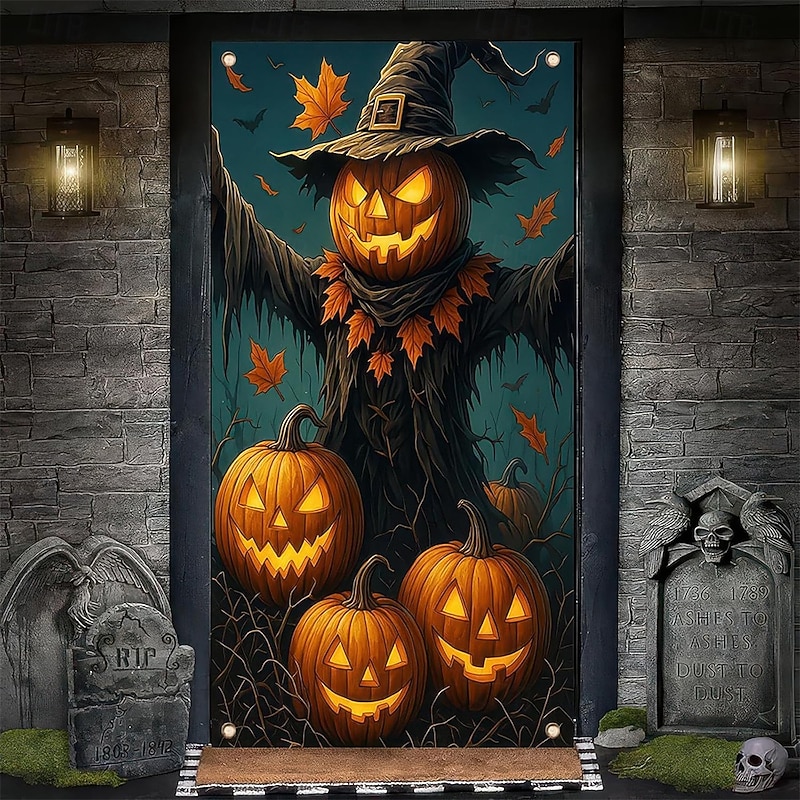 Halloween Tapestry Door Cover Outdoor Banners Skeleton Scarecrow 3D Dark Punk Gothic Style Party Dorm Teens Room College Dorm Guys Man Cave Frat Bedroom Shooting Backgrounds Home Decor4