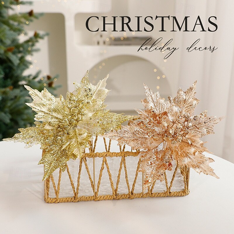 3 Pack Christmas Artificial Poinsettia Flowers, Holiday-Themed Poinsettia and Maple Leaf Decorations, Xmas Tree Ornaments, Festive Home Decor, Seasonal Holiday Display Accessories4