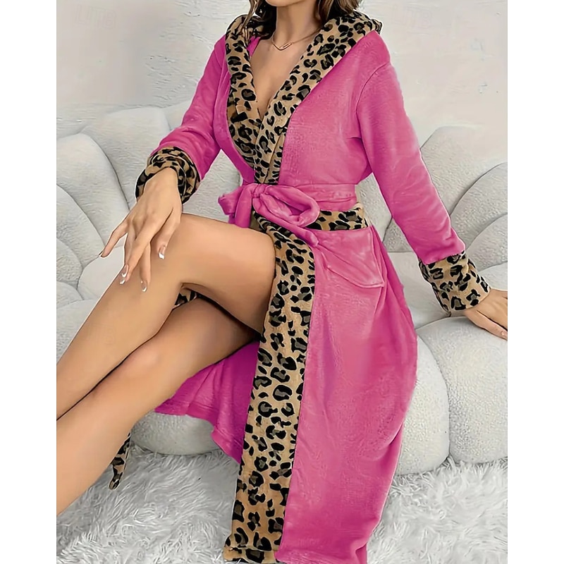 Women's Pajamas Nightgown Fashion Leopard Lace Patchwork Pocket Vacation Home Bed Long Sleeve V Neck Black Khaki Rose Red Fall Winter Tailored Fit